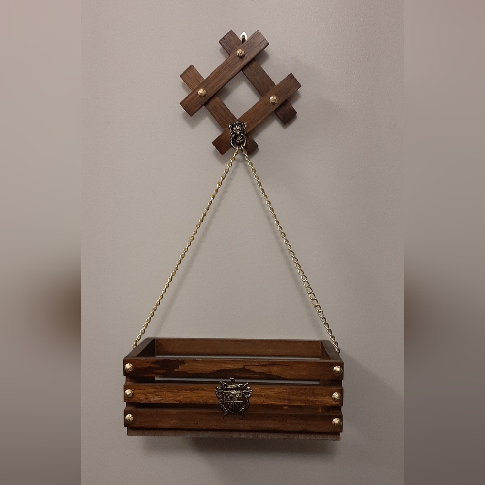 Vintage Handcrafted Wooden Hanging Planter Basket Country Farmhouse MCM